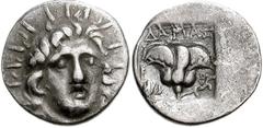 ISLANDS off CARIA, Rhodos. Rhodes . Circa 170-150 BC. AR Hemidrachm (13mm, 1.12 g). ‘Plinthophoric’ coinage. Damas, magistrate. Radiate head of Helios facing slightly right / Rose with bud to right; t