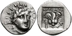 ISLANDS off CARIA, Rhodos. Rhodes . Circa 170-150 BC. AR Hemidrachm (13mm, 1.39 g). ‘Plinthophoric’ coinage. Artemon, magistrate. Radiate head of Helios facing slightly right / Rose with bud to right;