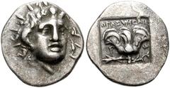 ISLANDS off CARIA, Rhodos. Rhodes . Circa 170-150 BC. AR Hemidrachm (13mm, 1.36 g). ‘Plinthophoric’ coinage. Thrasymenes, magistrate. Radiate head of Helios facing slightly right / Rose with bud to ri