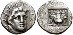 ISLANDS off CARIA, Rhodos. Rhodes . Circa 170-150 BC. AR Hemidrachm (13mm, 1.44 g). ‘Plinthophoric’ coinage. Thrasymenes, magistrate. Radiate head of Helios facing slightly right / Rose with bud to ri