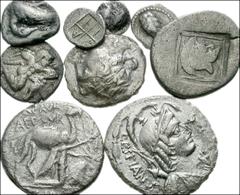 MIXED. Greek and Roman Republican. Includes: Seven (7) Greek AR fractions of various sizes and cities // Two (2) Roman Republican AR Denarii. Fine-VF condition, some porosity and roughness. LOT SOLD A
