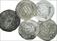 EARLY MEDIEVAL. Islamic. Arab-Sasanian AR Drachms. All coins: AR Drachm. Crowned Sasanian-style bust right / Fire altar with attendants. BYS (Bishapur) mint (3) // DA (Darabgird) mint // KRMAN (Kirman