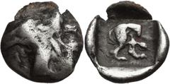 Greek CARIA, Uncertain. 5th century BC. AR Diobol(?) (11.5mm, 1.16 g, 12h). Head of lion right / Hind quarter of lion right within incuse square. Rosen 736 (Lycia?); Nomos Obolos 13, lot 478; Numismat