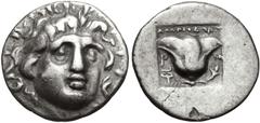 Greek ISLANDS off CARIA, Rhodos. Rhodes. Circa 170-150 BC. AR Hemidrachm (12mm, 1.16 g, 11h). 'Plinthophoric' coinage. Athanodoros, magistrate. Radiate head of Helios facing slightly right / Rose with
