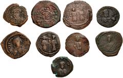 Large Lots BYZANTINE. Lot of nine (9) bronze issues. Includes: Justinian I. Æ Follis. Cf. SB 158 // Justinian I. Æ 20 Nummi // Justin II. Æ Follis. SB 378 // Phocas. Æ Follis. SB 639 // Heraclius. Æ 1