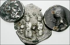 MIXED. Greek through Byzantine. Includes: GREEK: Seleukid Kings of Syria. Imitating Seleukos I Nikator. Fourrée Drachm. 312-281 BC. Laureate head of Zeus right / Athena driving quadriga of elephants r