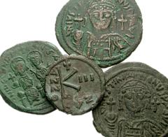 BYZANTINE. Early. Æ of Justinian I and Justin II. All coins: Cyzicus mint. Includes: Justinian I. Æ Follis. Facing bust / Large M. SB 207 // Justin II. Æ Follis. Justin and Sophia seated facing / Larg