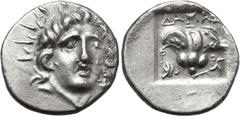 Greek ISLANDS off CARIA, Rhodos. Rhodes. Circa 170-150 BC. AR Hemidrachm (13mm, 1.46 g, 11h). 'Plinthophoric' coinage. Damas, magistrate. Radiate head of Helios facing slightly right / Rose with bud t
