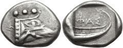 Greek LYCIA, Phaselis. 4th century BC. AR Tetrobol (16mm, 3.48 g, 11h). Prow of galley right / Stern of galley right. Heipp-Tamer Series 4, Emission 2; SNG von Aulock 4395. Toned, scratches in die. VF
