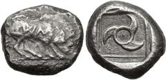 Greek DYNASTS of LYCIA. Kuprilli. Circa 480-440 BC. AR Stater (18.5mm, 8.91 g). Limyra mint. Boar standing right, head lowered, IWMO on its side, Δ below / Triskeles with dotted central annulet, withi