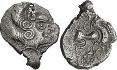 Celtic GAUL, Northwest. Coriosolites. Circa 100-50 BC. BI Stater (25.5mm, 6.69 g, 6h). Celtic head right, hair in large spiral curls, S-like ear / Celticized rider on horseback right; [square ornament