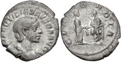 Roman Imperial Aquilia Severa. Augusta, AD 220-221 & 221-222. AR Denarius (17.5mm, 2.98 g, 6h). Rome mint. Struck under Elagabalus, AD 220-222. Draped bust right / Severa (on left) and Elagabalus stan