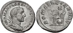 Roman Imperial Gordian I Africanus. AD 238. AR Denarius (19.5mm, 3.28 g, 11h). Rome mint. Struck 1-22 April AD 238. Laureate, draped, and cuirassed bust right / Roma seated left on throne, holding Vic