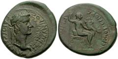 LYDIA, Philadelphia. Gaius (Caligula). AD 37-41. Æ 20mm (5.92 g, 7h). Laureate head right / Agrippina I as goddess seated right, holding scepter and cornucopia. RPC I 3032.18 (this coin); SNG Copenhag
