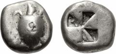 Greek ISLANDS off ATTICA, Aegina. Circa 525-480 BC. AR Stater (18.5mm, 12.02 g). Sea turtle, head in profile, [with thin collar and row of dots down its back] / Incuse square with mill-sail pattern. M