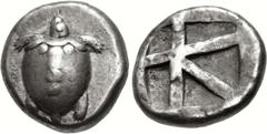 Greek ISLANDS off ATTICA, Aegina. Circa 480-457 BC. AR Stater (19.5mm, 12.29 g, 10h). Sea turtle, head in profile, with 'T-back' design on shell / Large square incuse with skew pattern. Meadows, Aegin