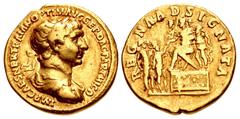 Merani Collection – Roman Imperial Trajan. AD 98-117. AV Aureus (19mm, 7.02 g, 6h). Rome mint. Struck 20 February-circa autumn AD 116. IMP CAES NER TRAIAN OPTIM ΛVG GER DΛC PΛRTHICO, laureate, draped,
