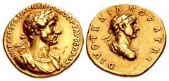 Merani Collection – Roman Imperial Hadrian, with Divus Trajan. AD 117-138. AV Aureus (18.5mm, 7.17 g, 6h). Rome mint. Struck August-December AD 117. IMP CAES TRAIAN HADRIANO OPT AVG G D PART, laureate