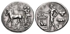 Greek SICILY, Selinos. Circa 455-409 BC. AR Tetradrachm (27.5mm, 17.48 g, 9h). Artemis, holding reins in both hands, driving quadriga left; beside her, Apollo standing left, drawing bow; retrograde ΣE