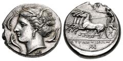 Greek SICILY, Syracuse. Agathokles. 317-289 BC. AR Tetradrachm (26mm, 17.12 g, 3h). Struck circa 317-310 BC. Head of Arethousa left, wearing wreath of grain ears, triple-pendant earring, and pearl nec