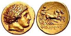 Greek KINGS of MACEDON. temp. Philip II – Alexander III. Circa 340/36-328 BC. AV Stater (19mm, 8.60 g, 11h). In the name and types of Philip II. Pella mint. Head of Apollo right, wearing laurel wreath