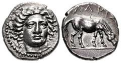 Greek THESSALY, Larissa. Circa 400-370 BC. AR Drachm (18mm, 5.88 g, 1h). Head of the nymph Larissa facing slightly right, wearing ampyx and necklace / Horse grazing right; ΛΑΡΙΣ above. L-S Group 3, He