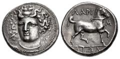 Greek THESSALY, Larissa. Circa 356-342 BC. AR Stater (24mm, 11.96 g, 12h). Head of the nymph Larissa facing slightly left, hair in ampyx, wearing single-pendant earring and necklace / Bridled horse pr