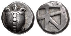 Greek ISLANDS off ATTICA, Aegina. Circa 480-457 BC. AR Stater (19mm, 12.47 g, 2h). Sea turtle, head in profile, with 'T-back' design on shell / Large square incuse with skew pattern. Meadows, Aegina, 