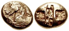 Greek IONIA, Uncertain. Circa 550-525 BC. EL Stater (19mm, 14.26 g). Lydo-Milesian standard. Forepart of bridled horse left; rosette at breast, [floral symbol (lotus?) at nape of the neck] / Two incus