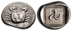 Greek DYNASTS of LYCIA. Amartite. Circa 490/80-440/30 BC. AR Stater (22mm, 9.69 g). Zagaba mint. Crab / Triskeles; uncertain or partially blundered legend around; all in pelleted square border within 