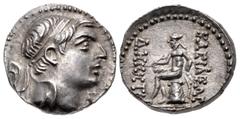 Greek SELEUKID EMPIRE. Demetrios I Soter. 162-150 BC. AR Drachm (16mm, 4.02 g, 10h). Ekbatana mint. Series 2. Diademed head right / BAΣIΛEΩΣ ΔHMHT[PIOY ΣΩTHPOΣ], Apollo Delphios, nude, testing arrow i
