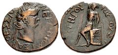 Roman Provincial THESSALY, Koinon of Thessaly. Nero. AD 54-68. Æ Triassarion (28mm, 12.61 g, 1h). Laouchos, strategos. NEPΩN KAIΣAP ΘEΣΣA[ΛΩ]N, laureate head right / ΛAOVXOV ΣT PATHΓOV, Apollo Delphin