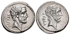 Roman Republican Q. Servilius Caepio (M. Junius) Brutus. 54 BC. AR Denarius (19.5mm, 3.72 g, 6h). Rome mint. Bare head of L. Junius Brutus right; BRVTVS downward to left / Bare head of C. Servilius Ah