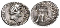 Roman Republican The Triumvirs. Mark Antony. Autumn 37 BC. AR Denarius (19mm, 3.98 g, 7h). Antioch or military mint traveling with Canidius Crassus in Armenia. Bare head right; ANTONIVS · AVGVR · COS 