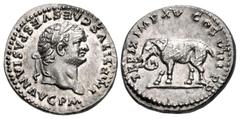 Roman Imperial Titus. AD 79-81. AR Denarius (17.5mm, 3.32 g, 6h). Rome mint. Struck 1 January-30 June AD 80. IMP TITVS CAES VESPASIAN AVG P M •, laureate head right / TR P IX IMP XV COS VIII P P, elep