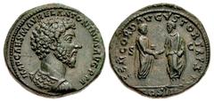 Roman Imperial Marcus Aurelius. AD 161-180. Æ Sestertius (34mm, 28.80 g, 12h). Rome mint. Struck under Marcus Aurelius and Lucius Verus, AD 161. IMP CAES M AVREL ANTONINVS AVG P M, bareheaded and cuir