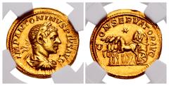 Roman Imperial Elagabalus. AD 218-222. AV Aureus (20mm, 6.68 g, 6h). Rome mint. Struck AD 220-221. IMP ANTONINVS PIVS AVG, laureate, draped, and cuirassed bust right / C ONSERVATOR AVG, slow quadriga 
