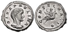 Roman Imperial Diva Paulina. Died before AD 235. AR Denarius (20mm, 3.43 g, 12h). Consecration issue. Rome mint. 2nd emission of Maximinus I, AD 236. DIVA PAVLINA, veiled and draped bust right / CONSE