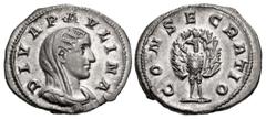 Roman Imperial Diva Paulina. Died before AD 235. AR Denarius (20mm, 3.52 g, 12h). Consecration issue. Rome mint. 2nd emission of Maximinus I, AD 236. DIVA PAVLINA, veiled and draped bust right / CONSE