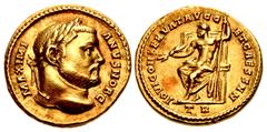 Roman Imperial Galerius. As Caesar, AD 293-305. AV Aureus (17mm, 5.24 g, 6h). Treveri (Trier) mint. Struck 20 November AD 303. MAXIMI ANVS NOB C, laureate head right / IOVI CONSERVAT AVGG ET CAESS NN,