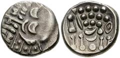 CELTIC, Britain. Durotriges. Uninscribed. Circa 65 BC-AD 45. AR Stater (18mm, 5.74 g, 6h). Durotrigan E, Abstract (Cranborne Chase) type. Devolved head of Apollo right / Disjointed horse left; pellets