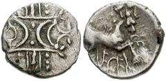 CELTIC, Britain. Iceni. Anted. Circa AD 1-25. AR Unit (13mm, 1.21 g). Two opposed crescents with pellets between, superimposed over band of three lines / Horse advancing right; sun and daisy above, pe