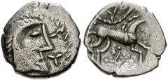CELTIC, Britain. Iceni. Queen Boudicca. Circa AD 61. AR Unit (13mm, 1.04 g, 9h). Head right; trefoil ornament before / Horse right; wheel-like object above, lozenge-shaped box below. Van Arsdell 790-1