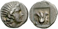 ISLANDS off CARIA, Rhodos. Rhodes . Circa 170-150 BC. AR Drachm (15mm, 2.89 g, 12h). ‘Plinthophoric’ coinage. Anaxidotos, magistrate. Radiate head of Helios right / Rose with bud to right; snake on om