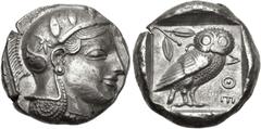 Greek ATTICA, Athens. Circa 454-404 BC. AR Tetradrachm (24mm, 17.21 g, 4h). Helmeted head of Athena right, with frontal eye / Owl standing right, head facing, closed tail feathers; olive sprig and cre