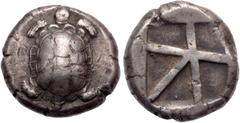 Greek ISLANDS off ATTICA, Aegina. Circa 456/45-431 BC. AR Stater (19.5mm, 12.23 g, 11h). Land tortoise with segmented shell / Large square incuse with skew pattern. Meadows, Aegina, Group IIIb; HGC 6,