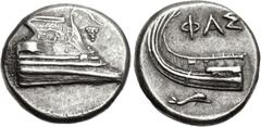 Greek LYCIA, Phaselis. 4th century BC. AR Stater (22mm, 10.38 g, 5h). Prow of galley right, fighting platform decorated with wreath; grape bunch to right / Stern of galley left; ΦAΣ above; below, dolp