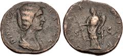 Roman Imperial Didia Clara. Augusta, AD 193. Æ Sestertius (29mm, 16.71 g, 6h). Rome mint. Struck under Didius Julianus. Draped bust right / Hilaritas standing left, holding long palm frond set on grou