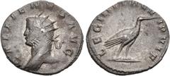 Roman Imperial Gallienus. AD 253-268. Antoninianus (21.5mm, 3.15 g, 12h). Mediolanum (Milan) mint. Issue 2(2), AD 260-1. GALLIENVS AVG, radiate head left / LEG III ITAL VI P VI F, stork standing right