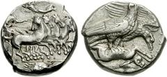 SICILY, Akragas. Circa 409-406 BC. AR Tetradrachm (17.25 g, 8h). Charioteer driving fast quadriga right; above, Nike flying left, crowning charioteer; crab in exergue / Two eagles standing right on de